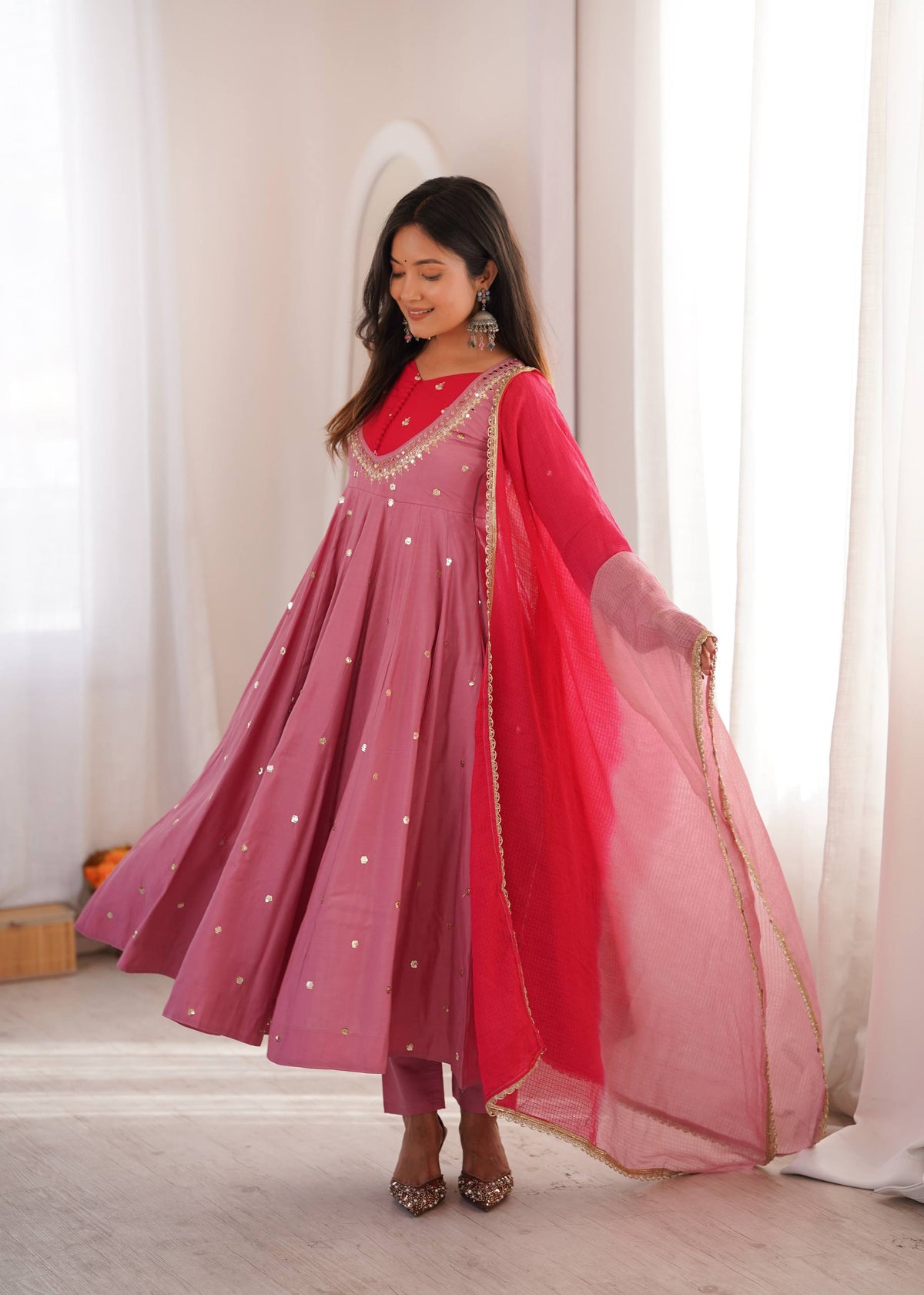 Arti Chauhan Wear Baby Pink Color Embroidery With Real Mirror Work Anarkali Suit