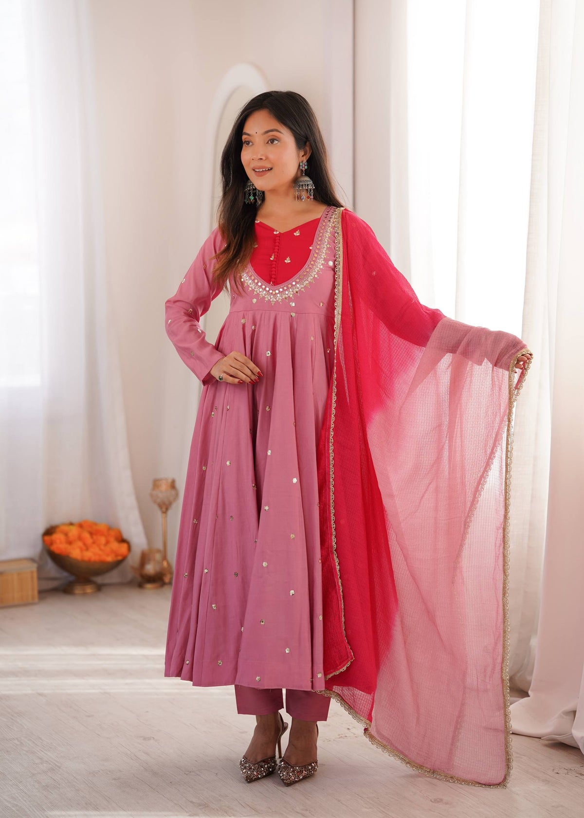 Arti Chauhan Wear Baby Pink Color Embroidery With Real Mirror Work Anarkali Suit