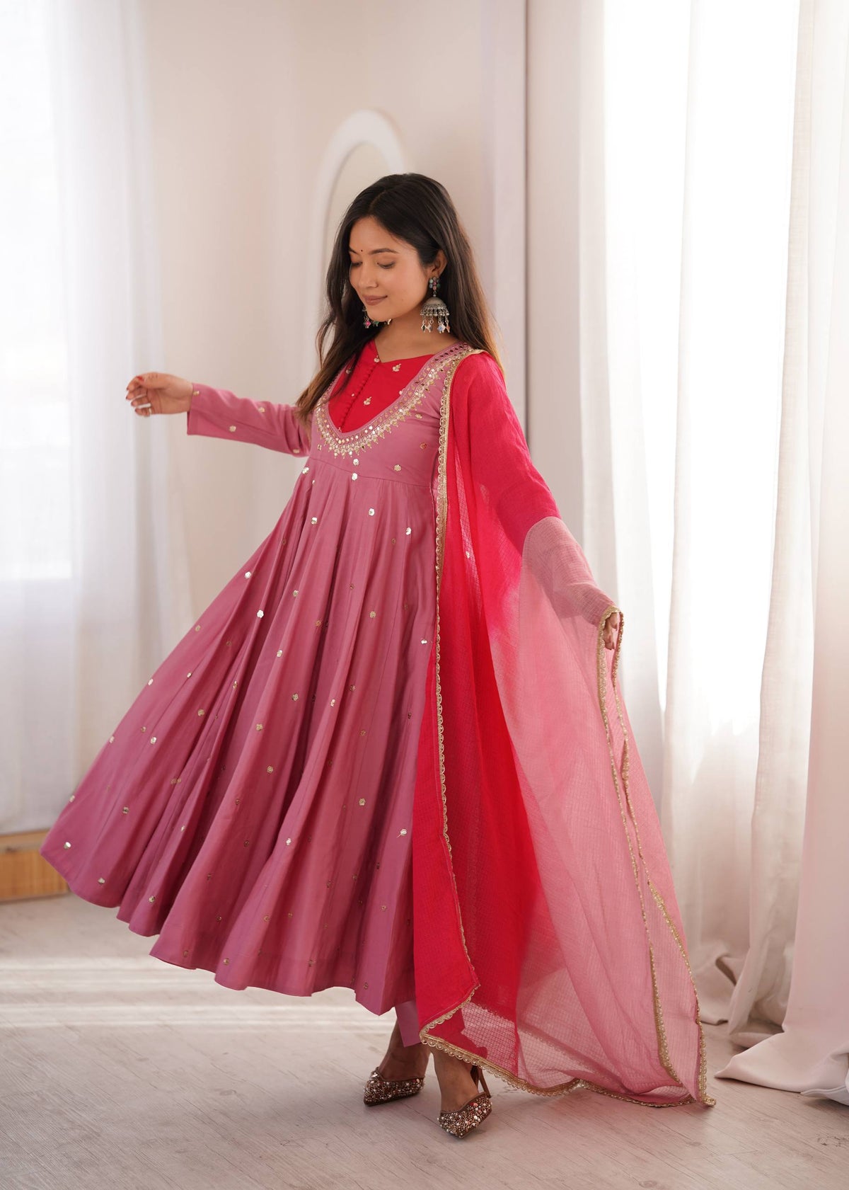 Arti Chauhan Wear Baby Pink Color Embroidery With Real Mirror Work Anarkali Suit