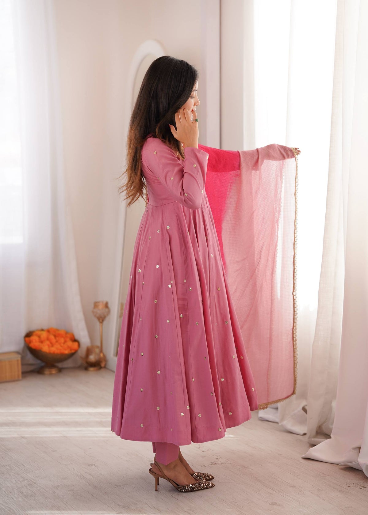 Arti Chauhan Wear Baby Pink Color Embroidery With Real Mirror Work Anarkali Suit
