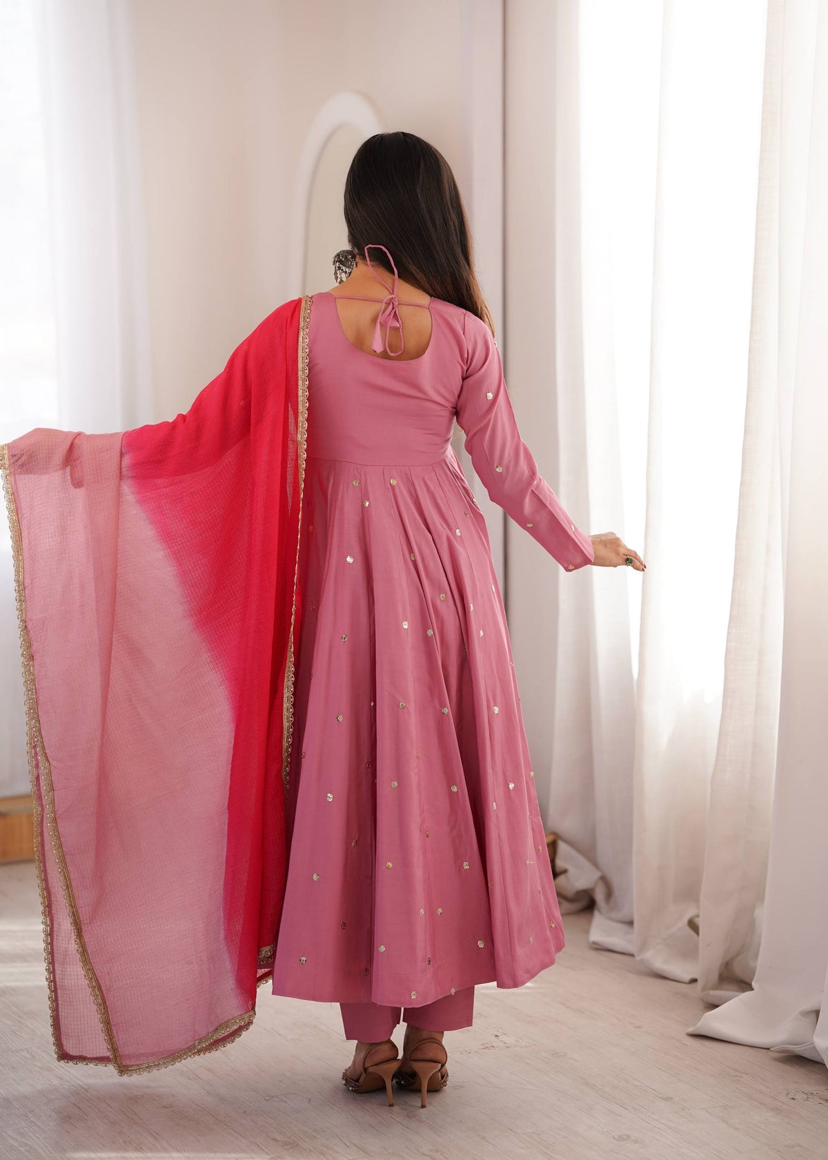 Arti Chauhan Wear Baby Pink Color Embroidery With Real Mirror Work Anarkali Suit