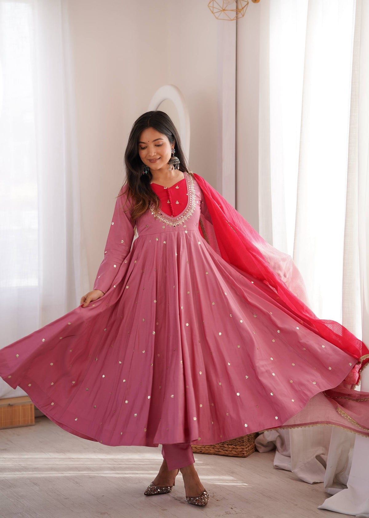 Arti Chauhan Wear Baby Pink Color Embroidery With Real Mirror Work Anarkali Suit