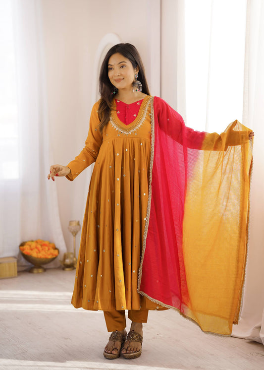 Arti Chauhan Wear Mustard Embroidery With Real Mirror Work Anarkali Suit