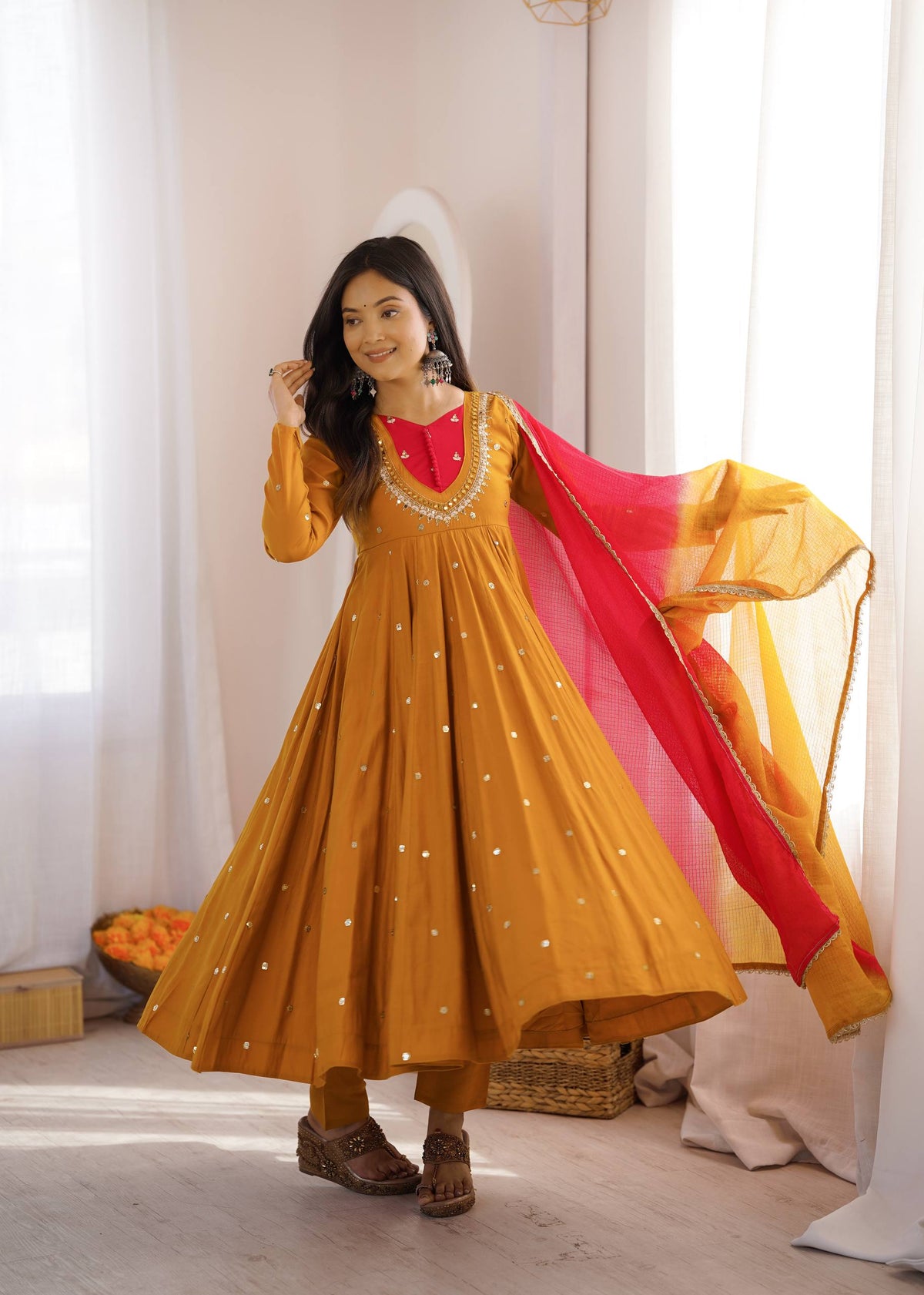 Arti Chauhan Wear Mustard Embroidery With Real Mirror Work Anarkali Suit
