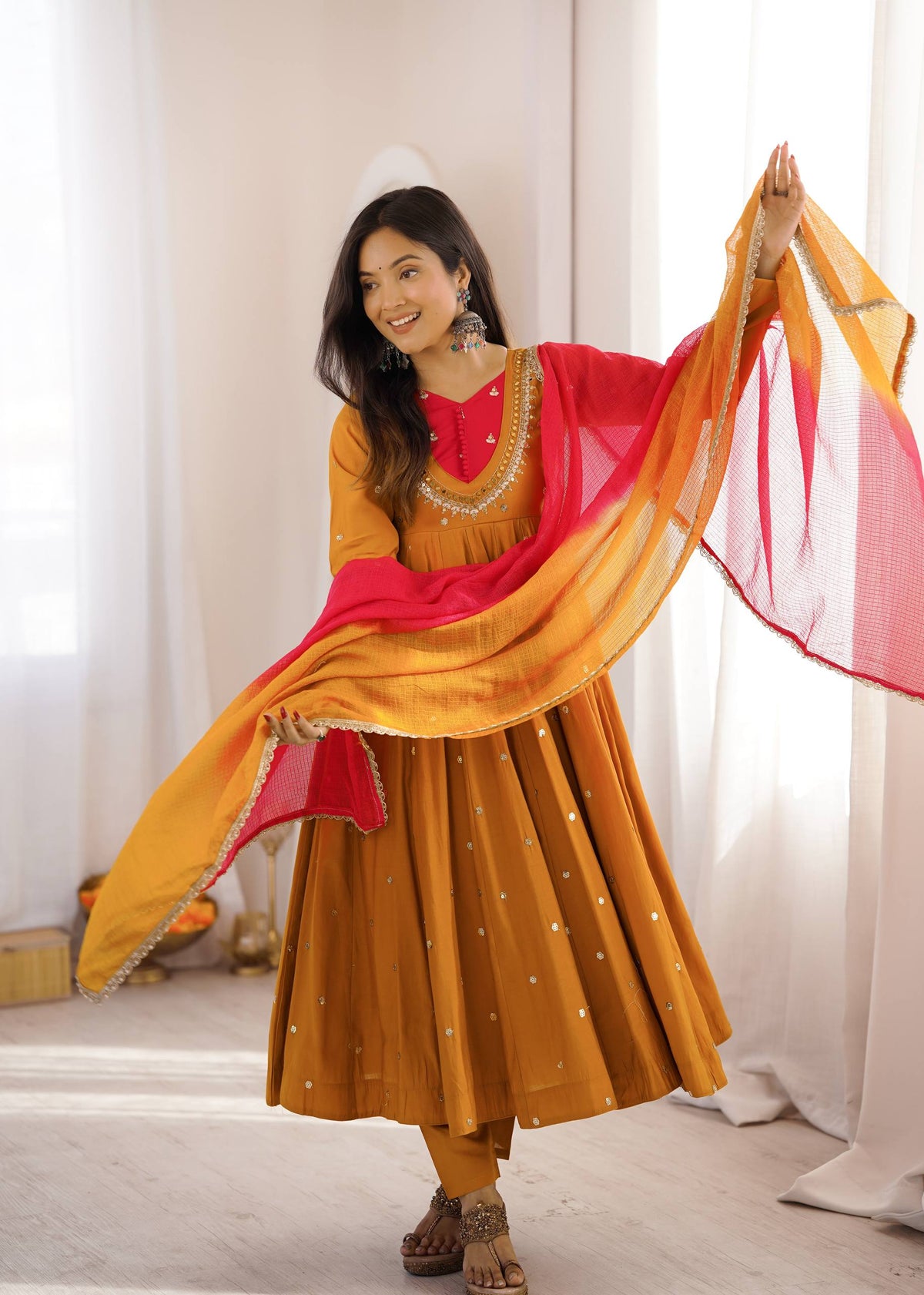 Arti Chauhan Wear Mustard Embroidery With Real Mirror Work Anarkali Suit
