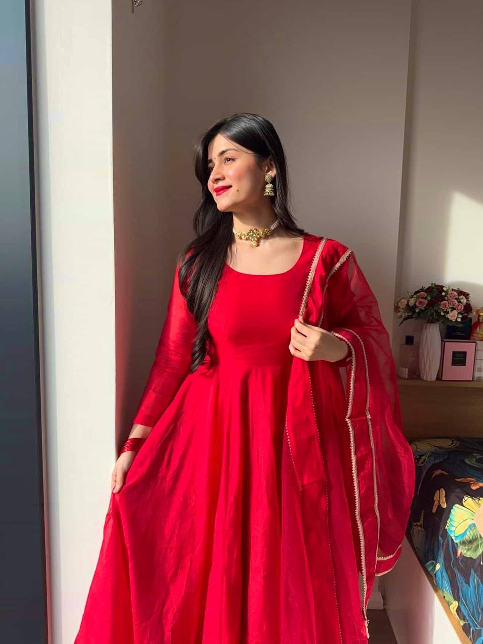 Elegant Red Color Silk Anarkali Suit With 4 Meter Flair