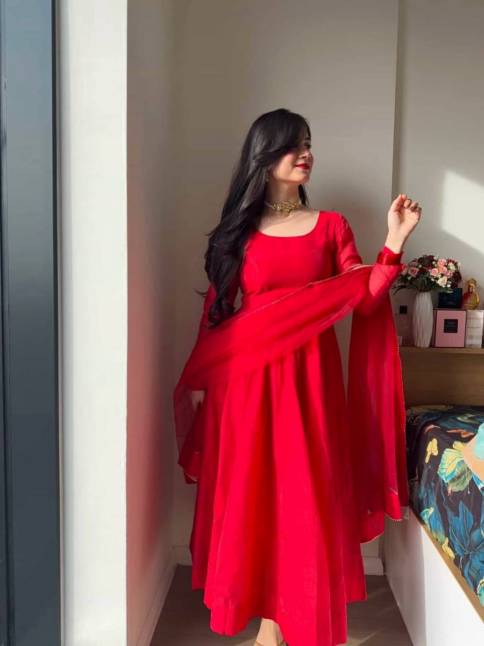  Elegant Red Color Silk Anarkali Suit With 4 Meter Flair