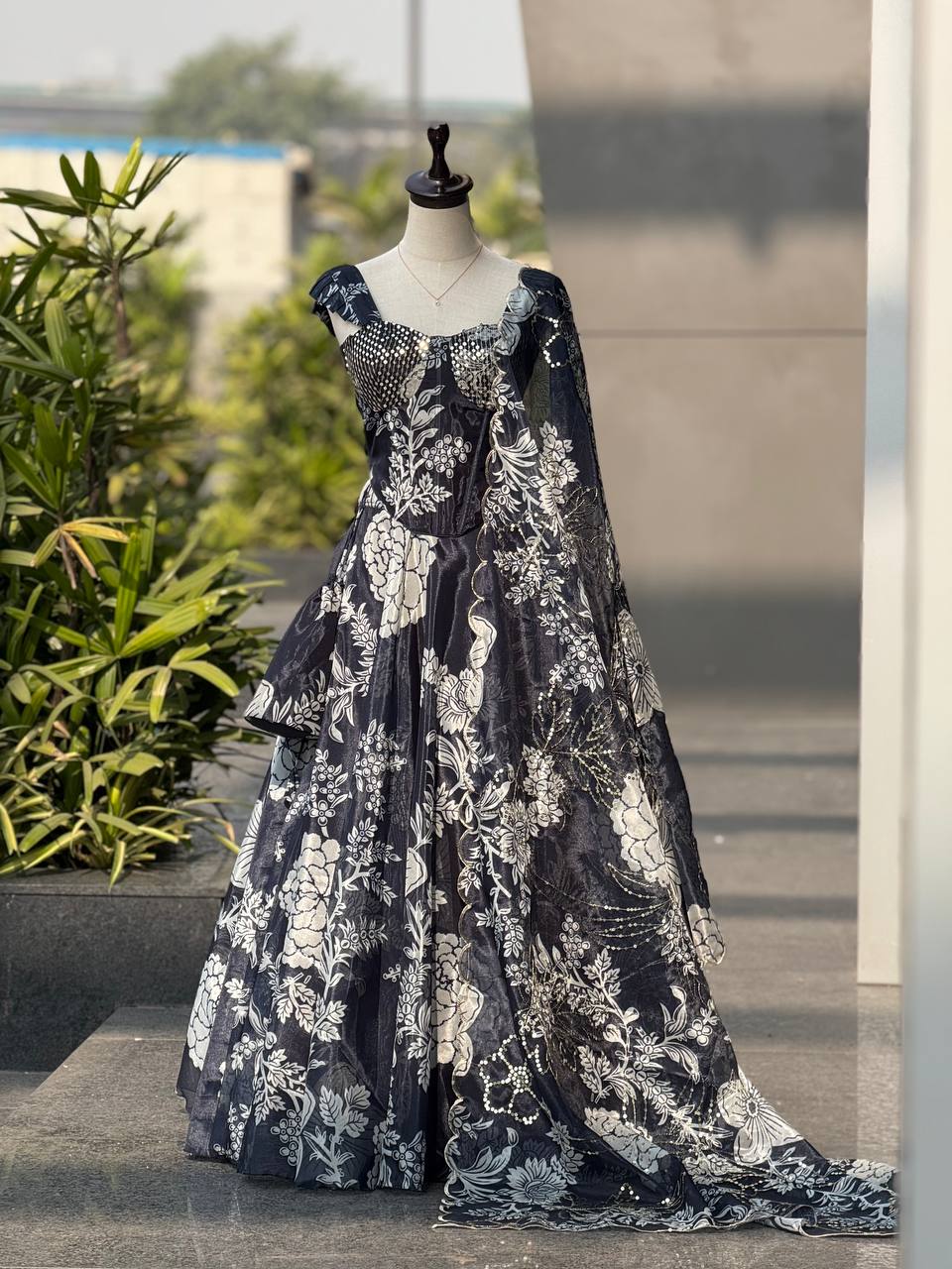 Trendy Corset Pattern Organza Lehenga Set With Designer Batwa
