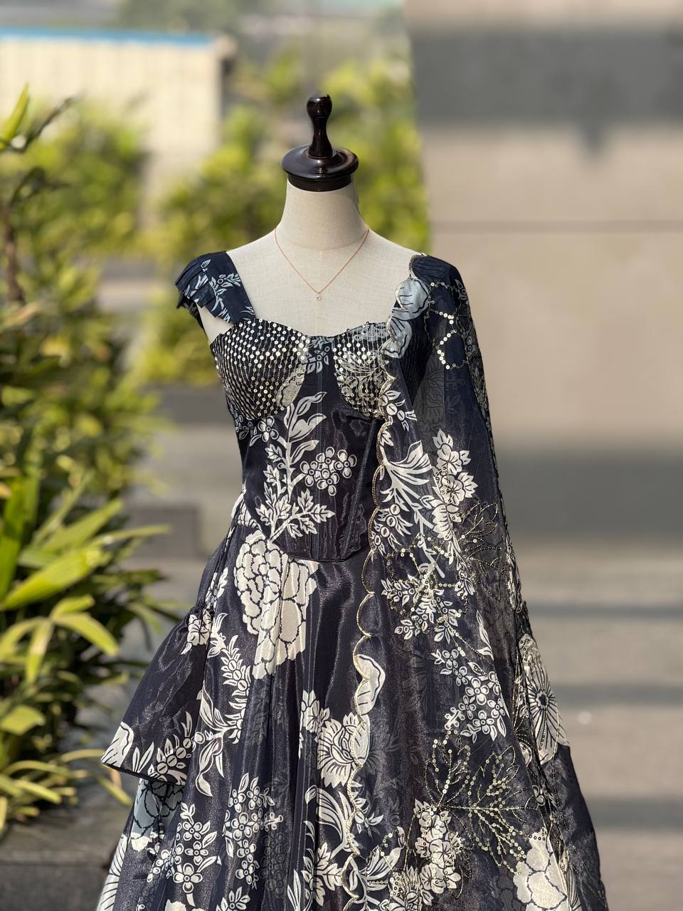 Trendy Corset Pattern Organza Lehenga Set With Designer Batwa
