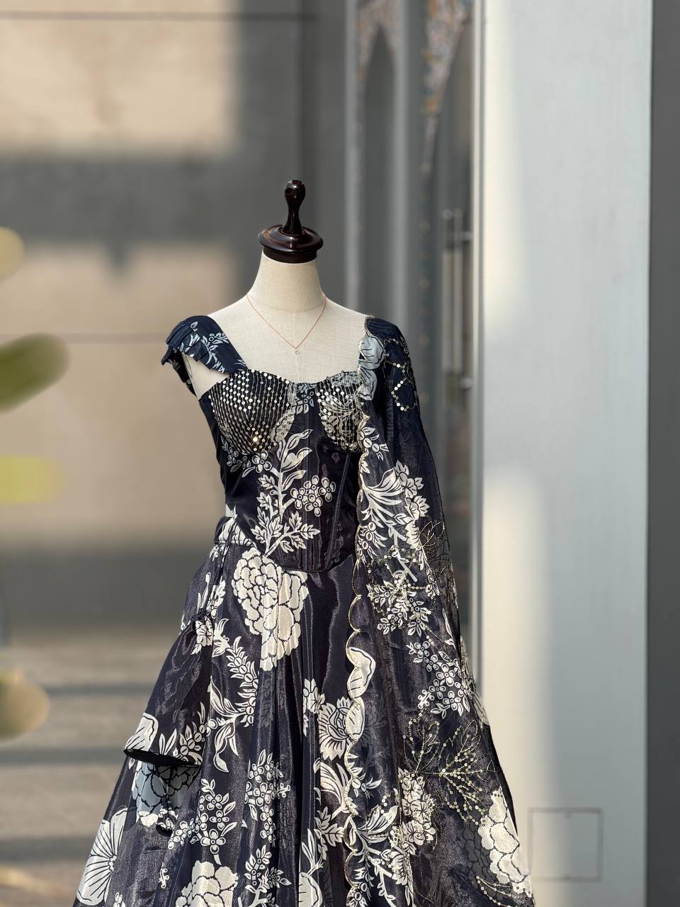 Trendy Corset Pattern Organza Lehenga Set With Designer Batwa