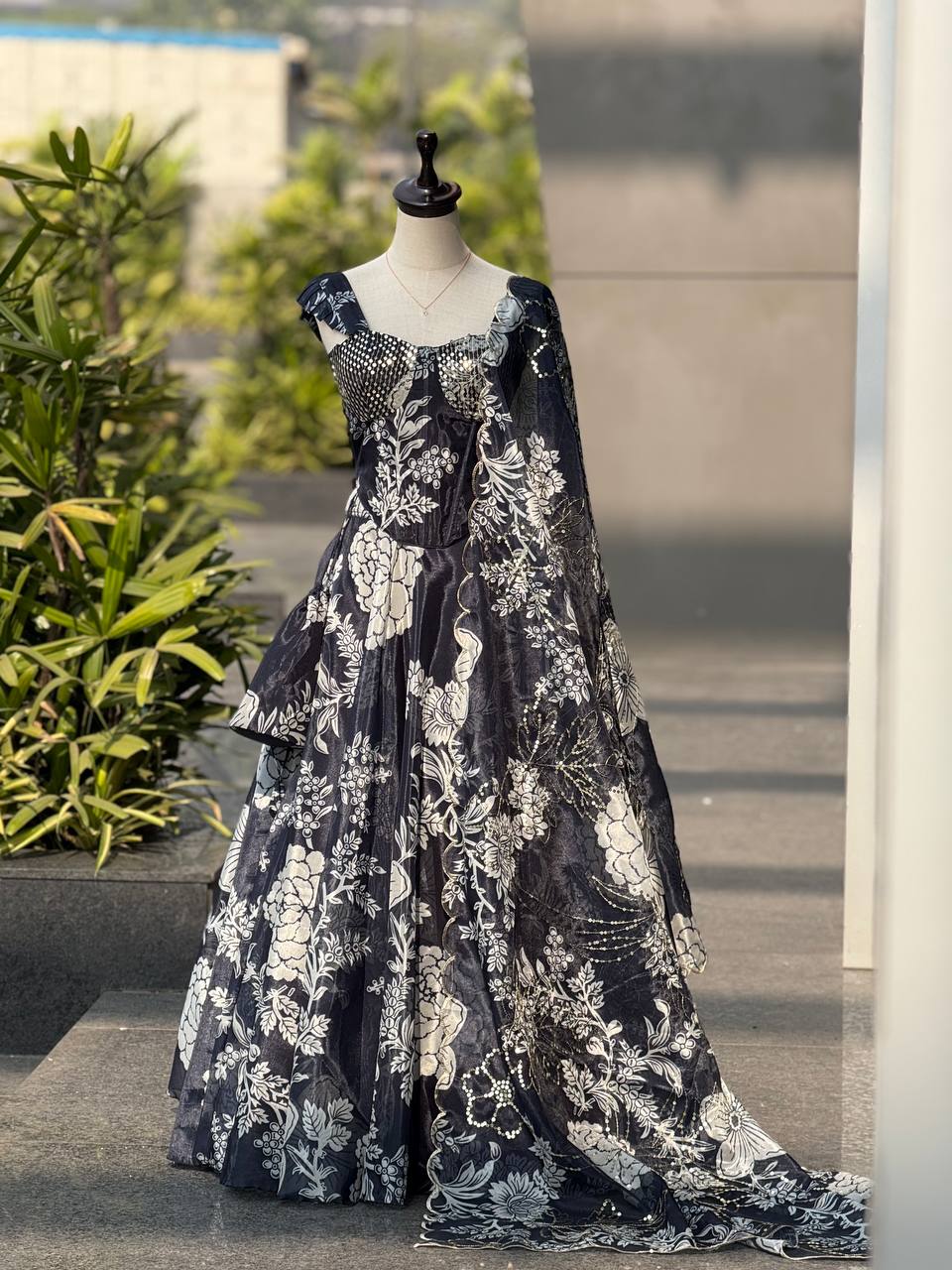 Trendy Corset Pattern Organza Lehenga Set With Designer Batwa