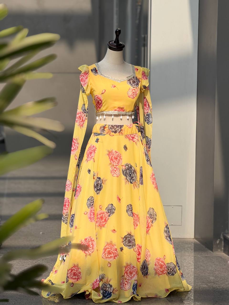 Haldi Wear Yellow Color Printed Georgette Fully Stitched Lehenga Set
