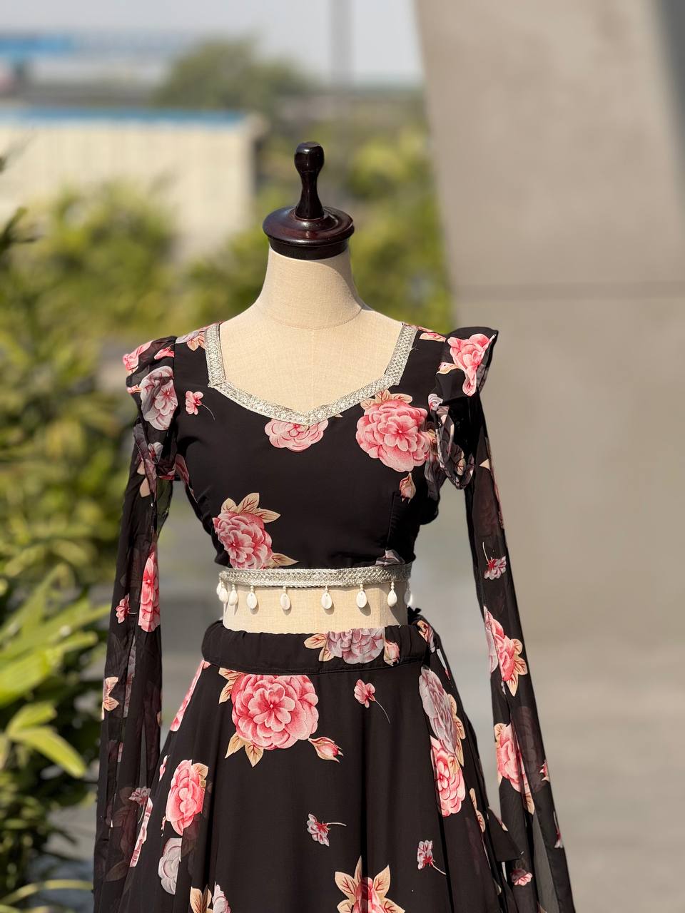 Designer Black Color Printed Georgette Fully Stitched Lehenga Set