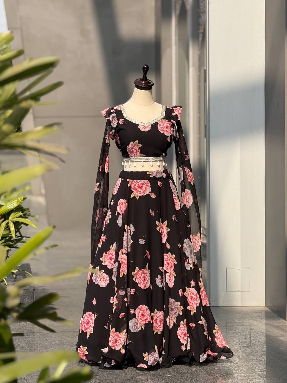 Designer Black Color Printed Georgette Fully Stitched Lehenga Set