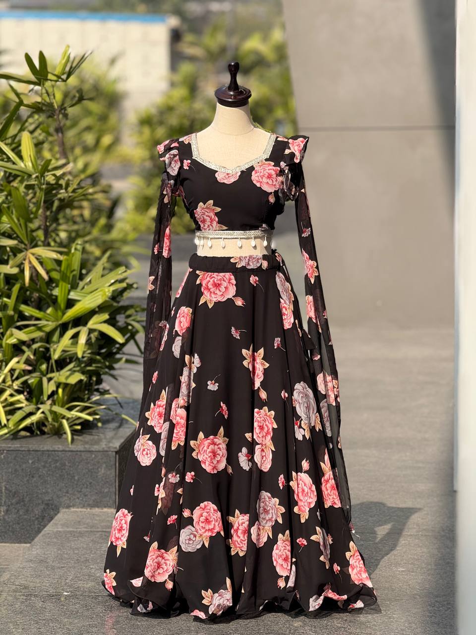Designer Black Color Printed Georgette Fully Stitched Lehenga Set