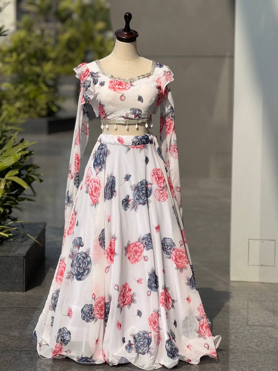 Designer Off White Color Printed Georgette Fully Stitched Lehenga Set