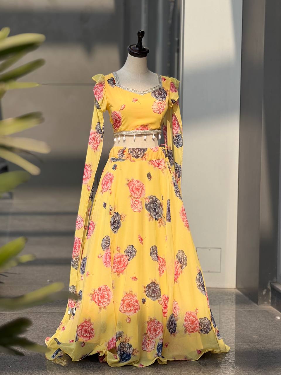 Haldi Wear Yellow Color Printed Georgette Fully Stitched Lehenga Set