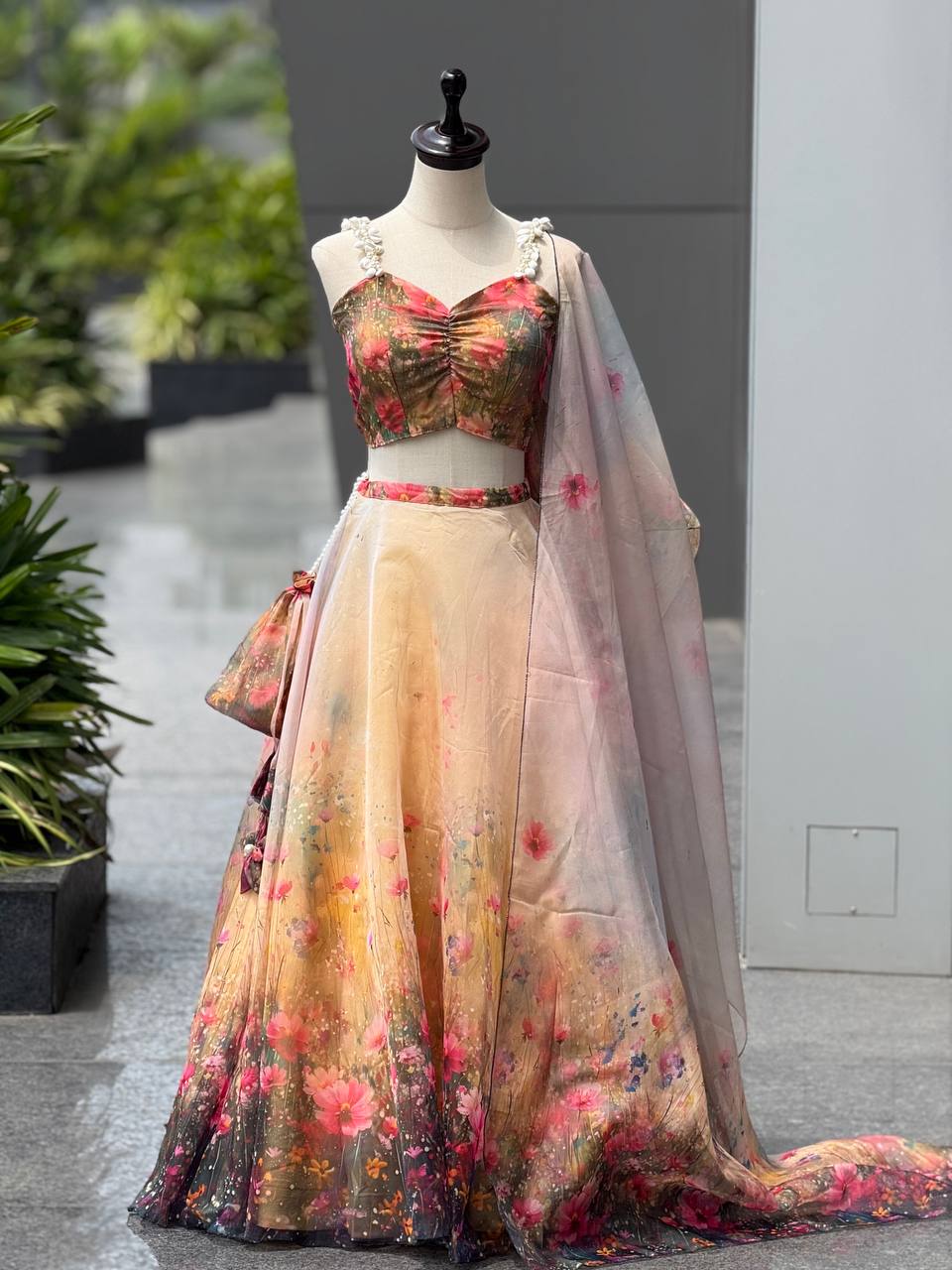 Wedding Wear Pure Organza Floral Digital Print Lehenga Set And Potli Bag