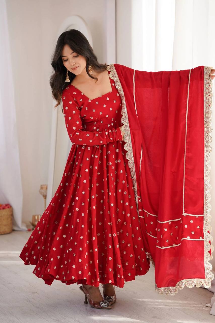 Wedding Wear Red Color Chinon Silk Thread And Sequence Embroidered Anarkali Suit