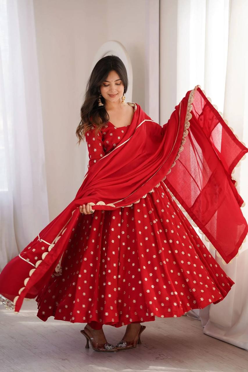 Wedding Wear Red Color Chinon Silk Thread And Sequence Embroidered Anarkali Suit