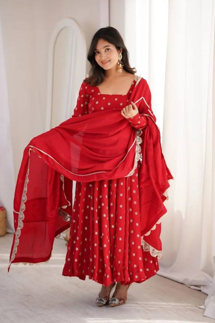 Wedding Wear Red Color Chinon Silk Thread And Sequence Embroidered Anarkali Suit