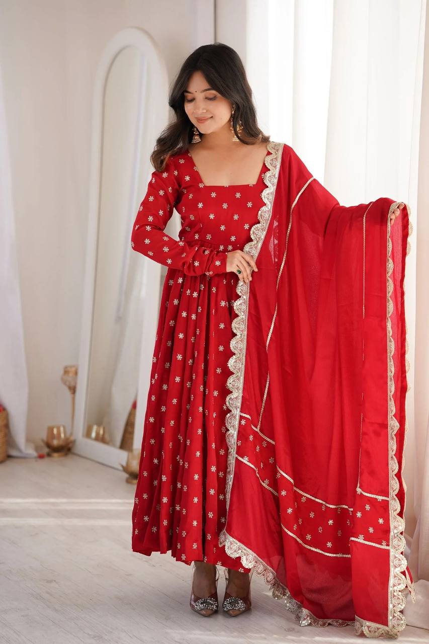 Wedding Wear Red Color Chinon Silk Thread And Sequence Embroidered Anarkali Suit