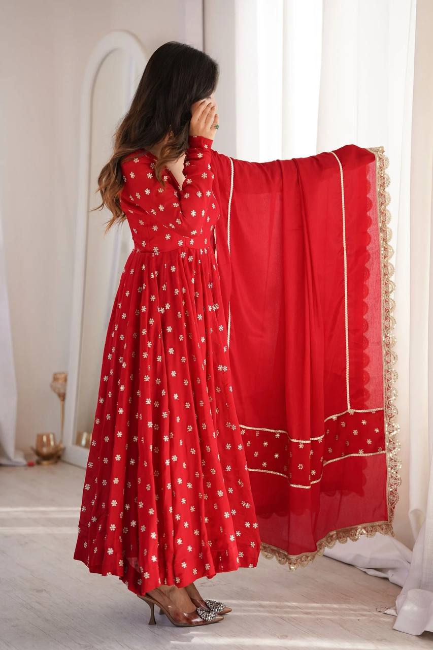 Wedding Wear Red Color Chinon Silk Thread And Sequence Embroidered Anarkali Suit