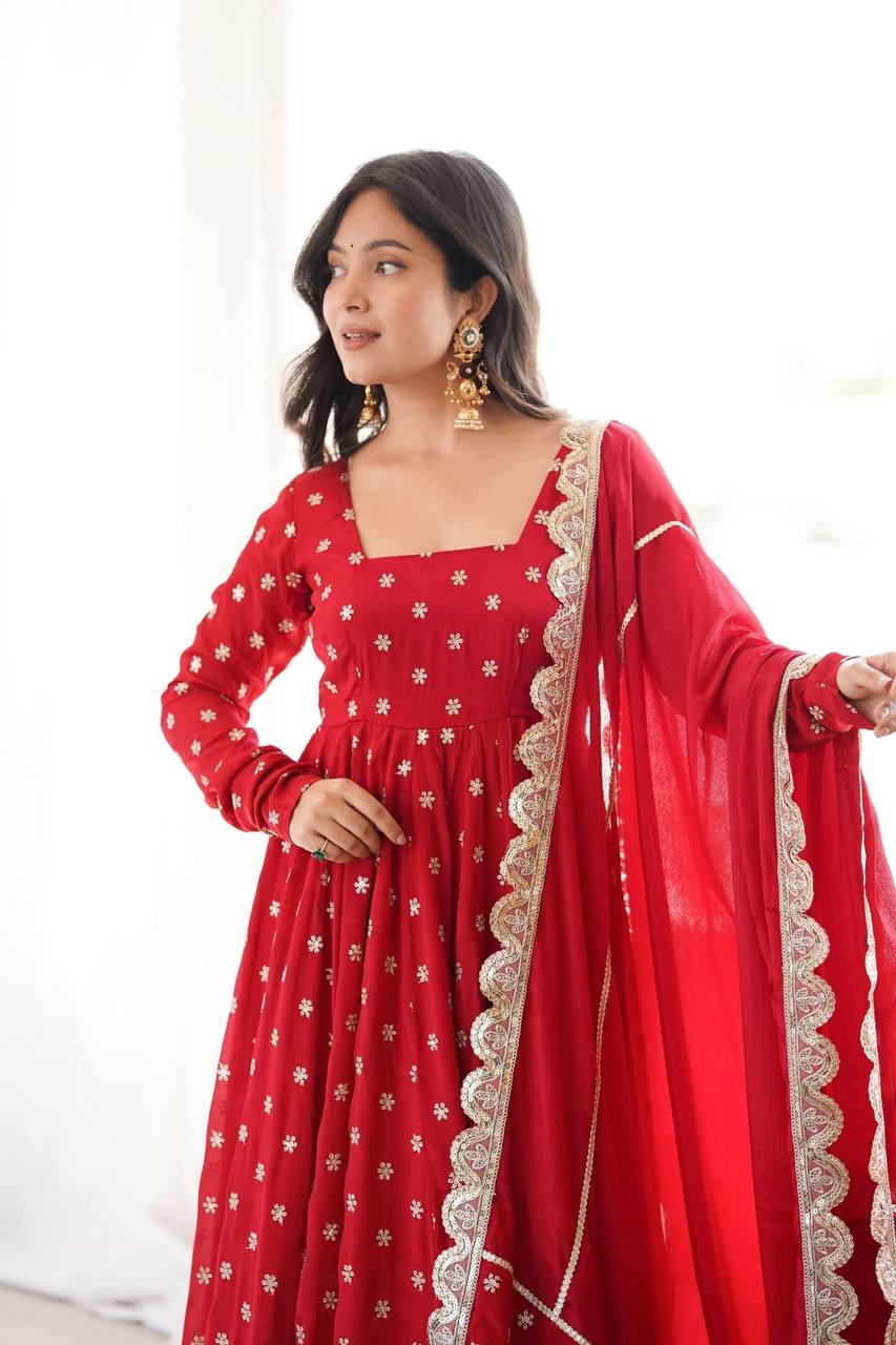 Wedding Wear Red Color Chinon Silk Thread And Sequence Embroidered Anarkali Suit