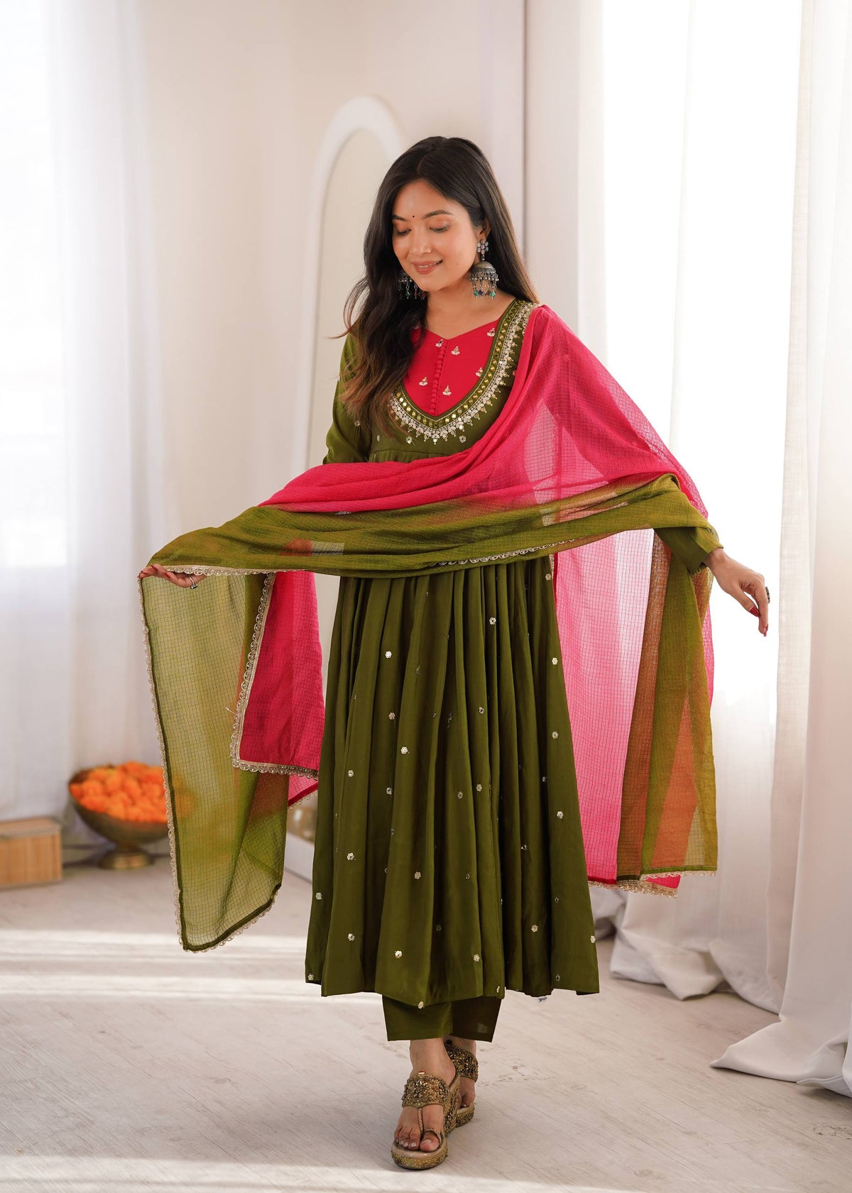 Mahendi Function Wear Embroidery With Real Mirror Work Anarkali Suit