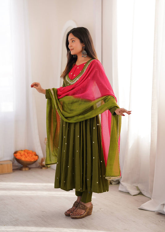 Mahendi Function Wear Embroidery With Real Mirror Work Anarkali Suit