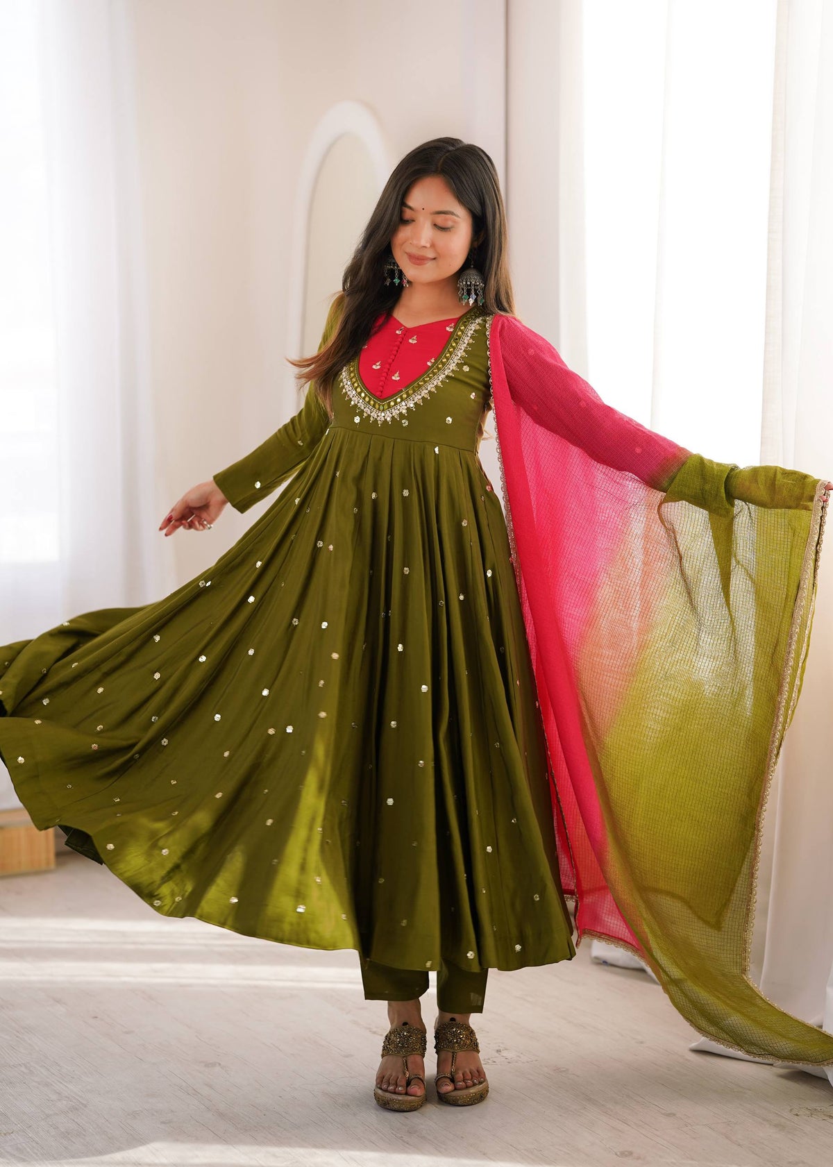 Mahendi Function Wear Embroidery With Real Mirror Work Anarkali Suit