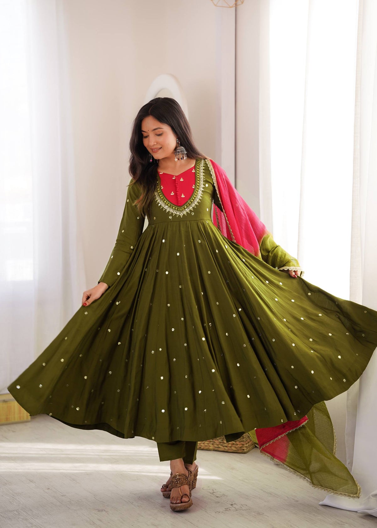 Mahendi Function Wear Embroidery With Real Mirror Work Anarkali Suit