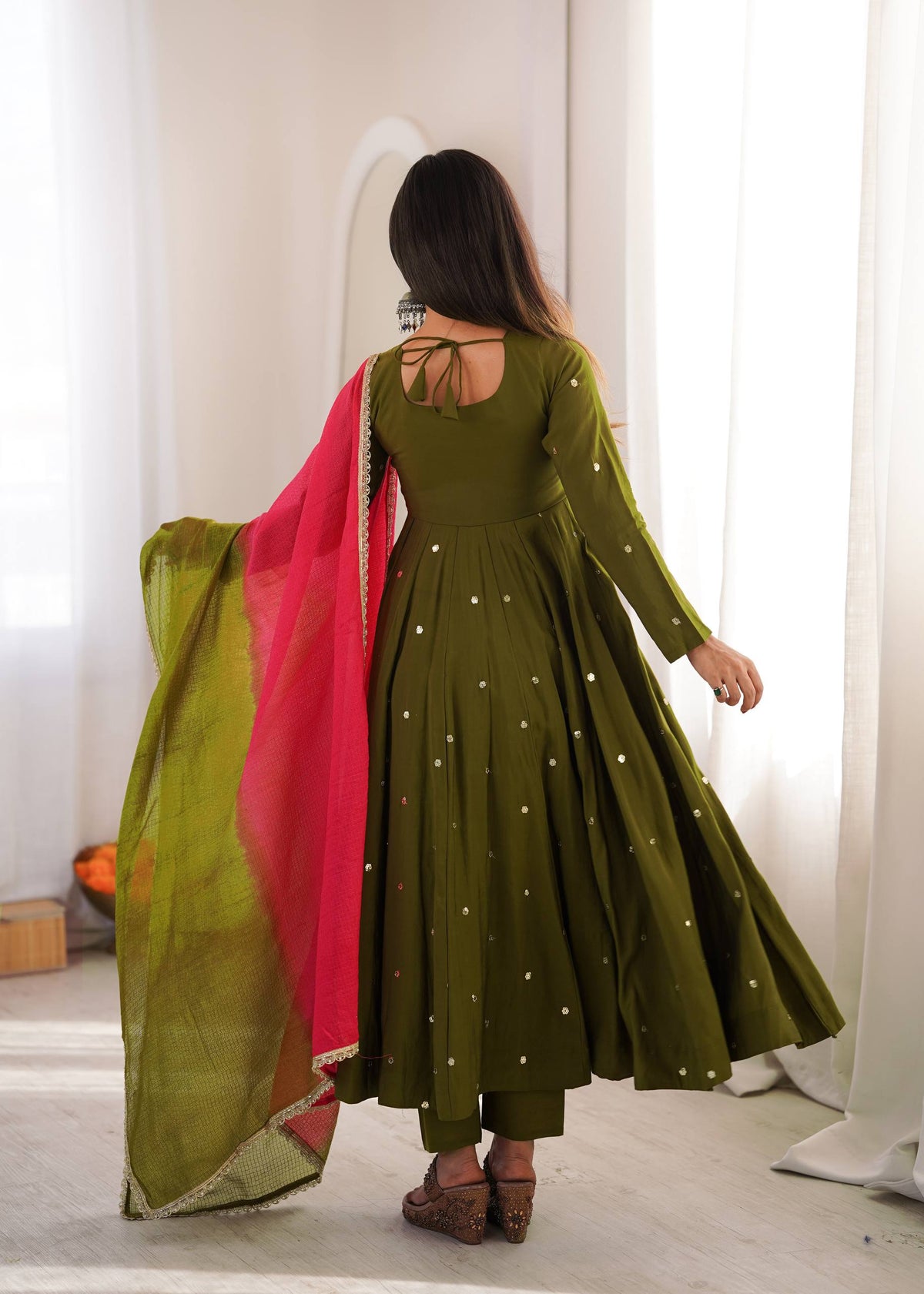 Mahendi Function Wear Embroidery With Real Mirror Work Anarkali Suit