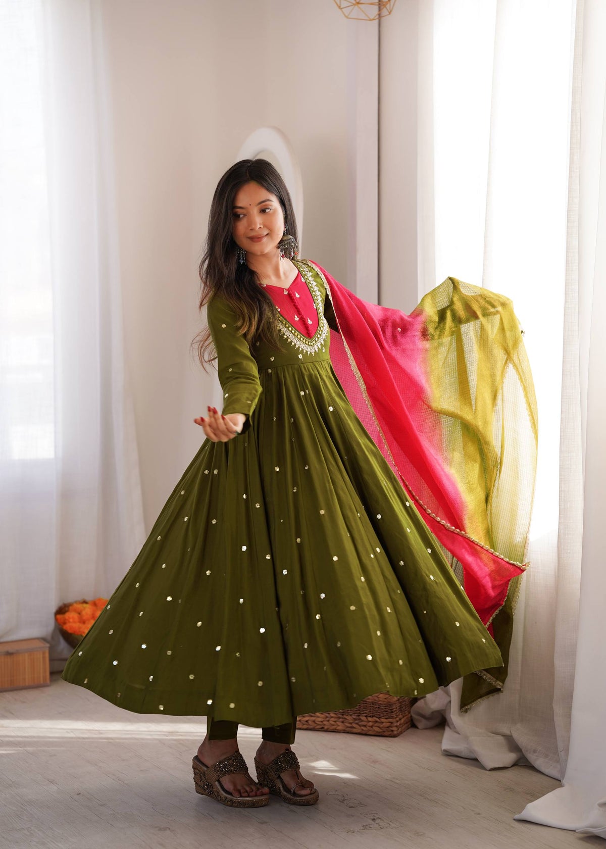 Mahendi Function Wear Embroidery With Real Mirror Work Anarkali Suit