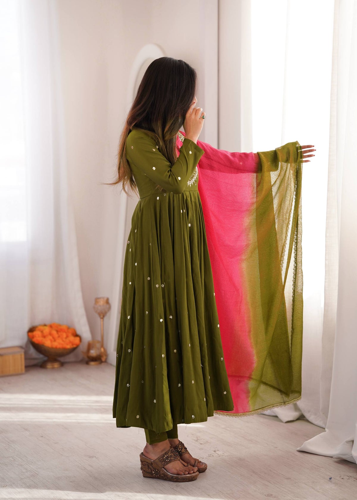 Mahendi Function Wear Embroidery With Real Mirror Work Anarkali Suit