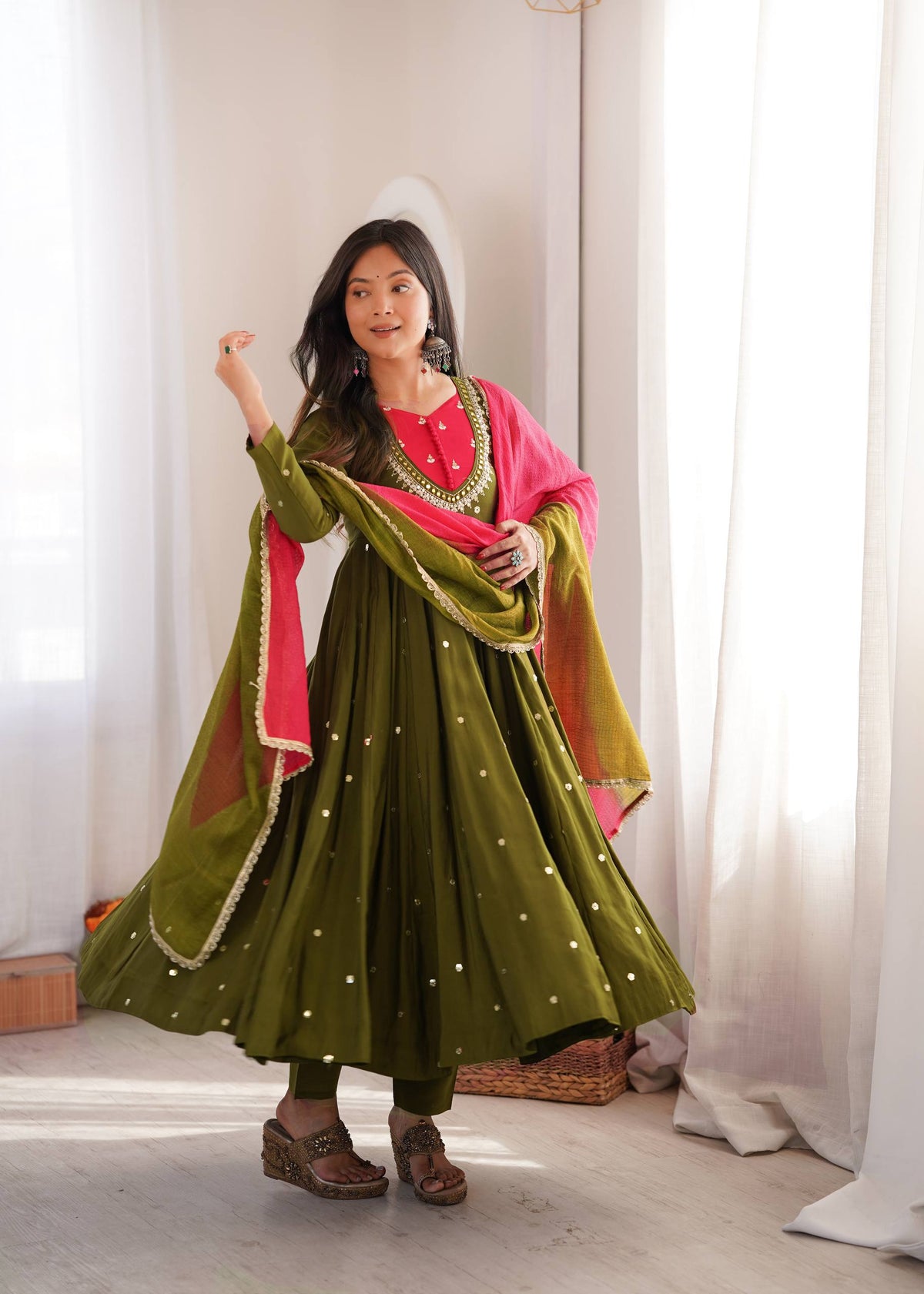 Mahendi Function Wear Embroidery With Real Mirror Work Anarkali Suit
