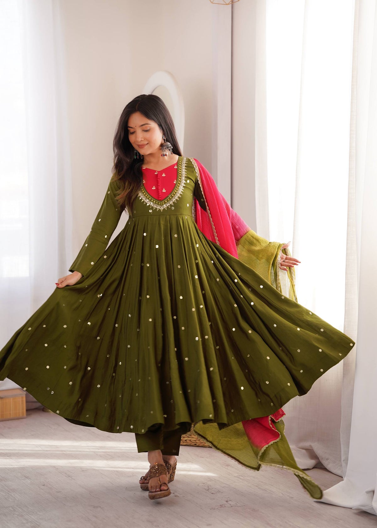 Mahendi Function Wear Embroidery With Real Mirror Work Anarkali Suit