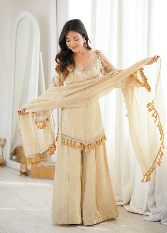 Arti Chauhan Wear Cream Color Mirror Work Raksha Bandhan Wear Palazzo Suit 