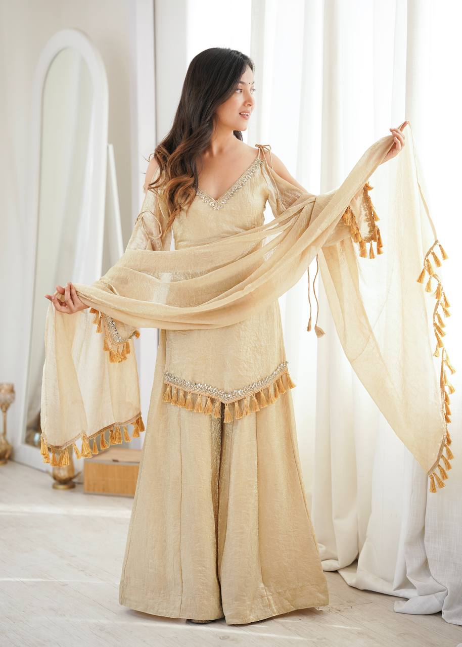 Arti Chauhan Wear Cream Color Mirror Work Raksha Bandhan Wear Palazzo Suit