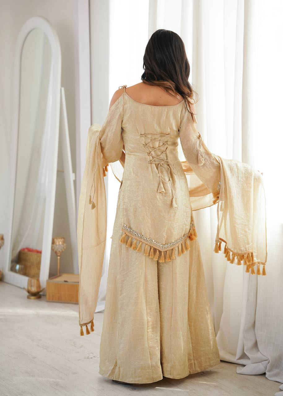 Arti Chauhan Wear Cream Color Mirror Work Raksha Bandhan Wear Palazzo Suit