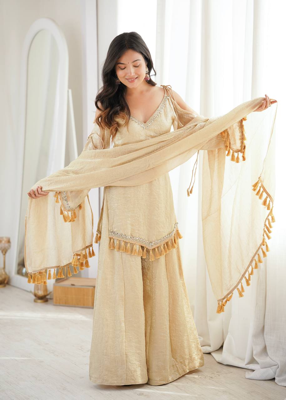 Arti Chauhan Wear Cream Color Mirror Work Raksha Bandhan Wear Palazzo Suit