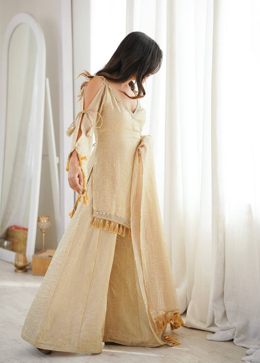Arti Chauhan Wear Cream Color Mirror Work Raksha Bandhan Wear Palazzo Suit