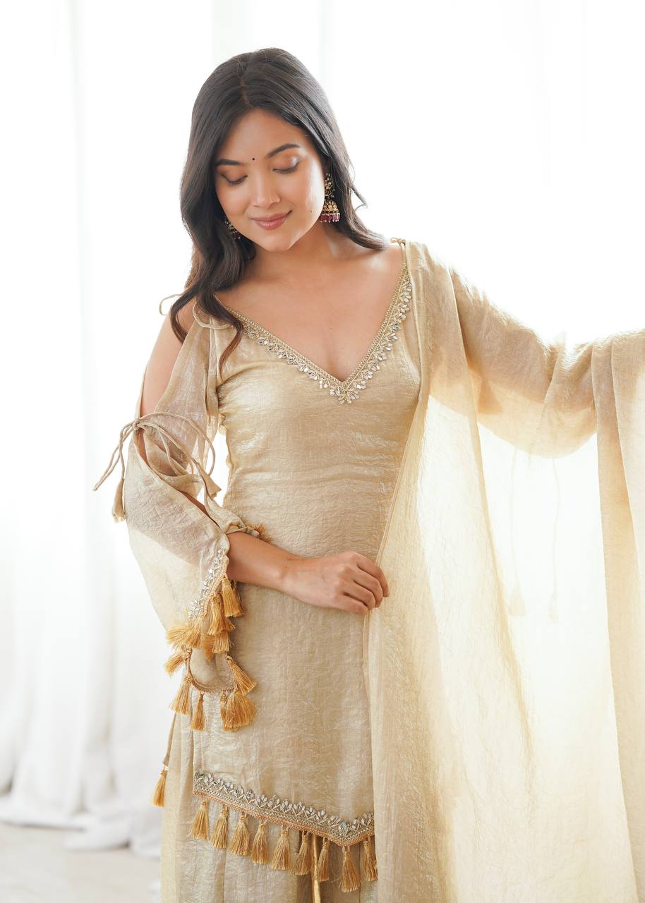 Arti Chauhan Wear Cream Color Mirror Work Raksha Bandhan Wear Palazzo Suit