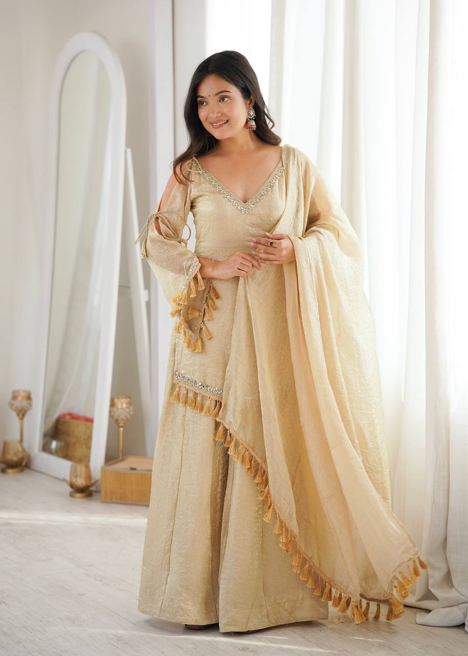 Arti Chauhan Wear Cream Color Mirror Work Raksha Bandhan Wear Palazzo Suit