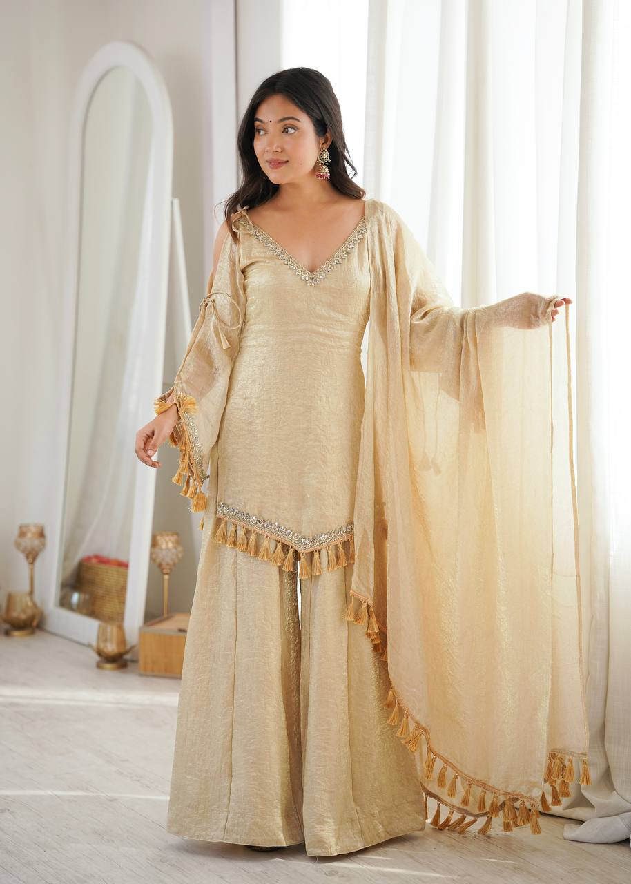 Arti Chauhan Wear Cream Color Mirror Work Raksha Bandhan Wear Palazzo Suit