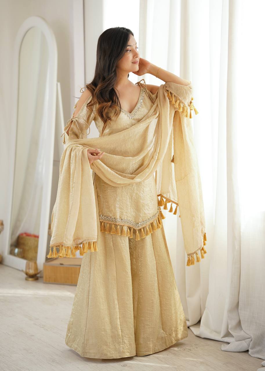 Arti Chauhan Wear Cream Color Mirror Work Raksha Bandhan Wear Palazzo Suit