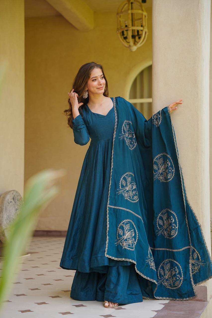 Wedding Wear Teal Blue Color Vichitra Silk Anarkali Palazzo Suit