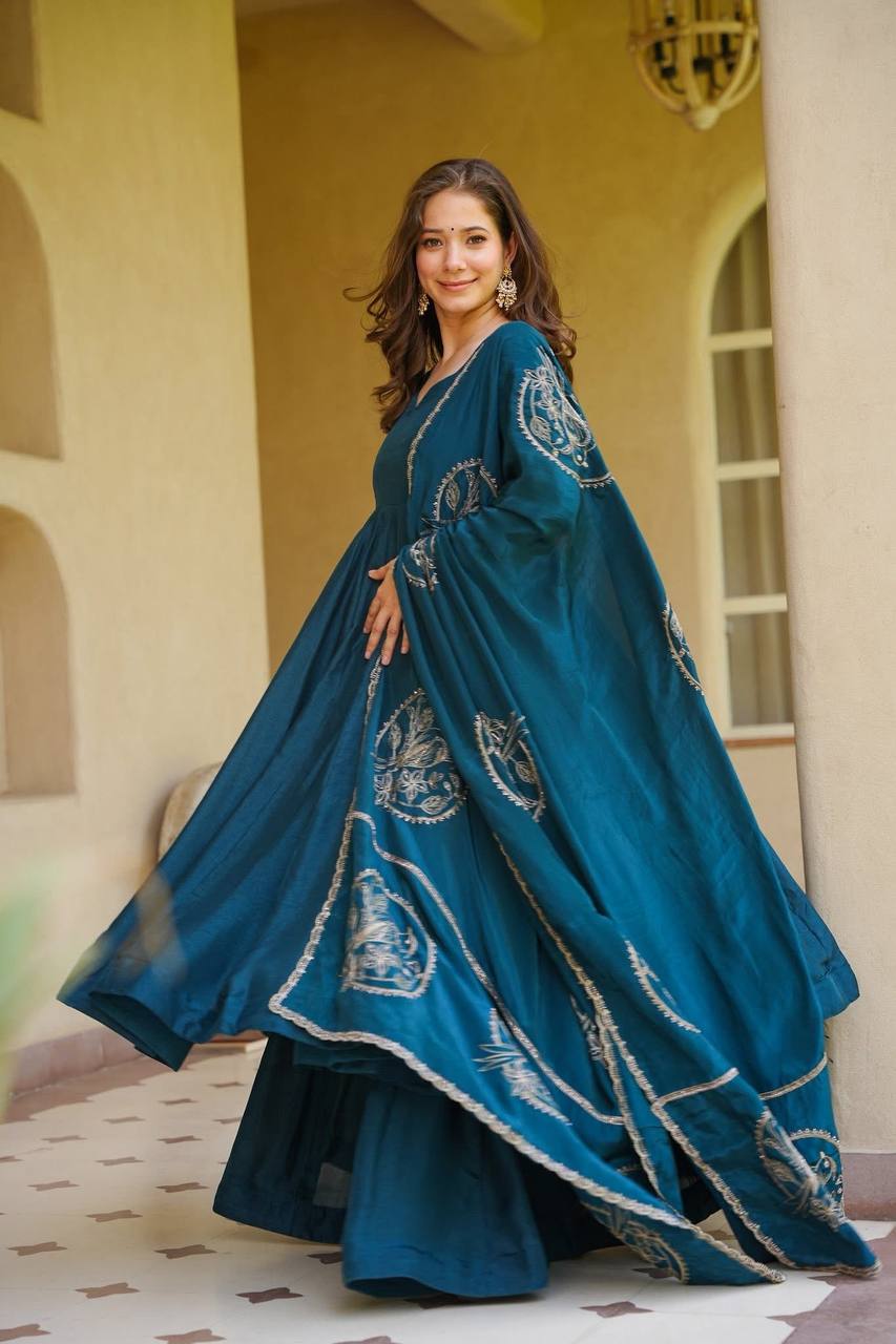 Wedding Wear Teal Blue Color Vichitra Silk Anarkali Palazzo Suit
