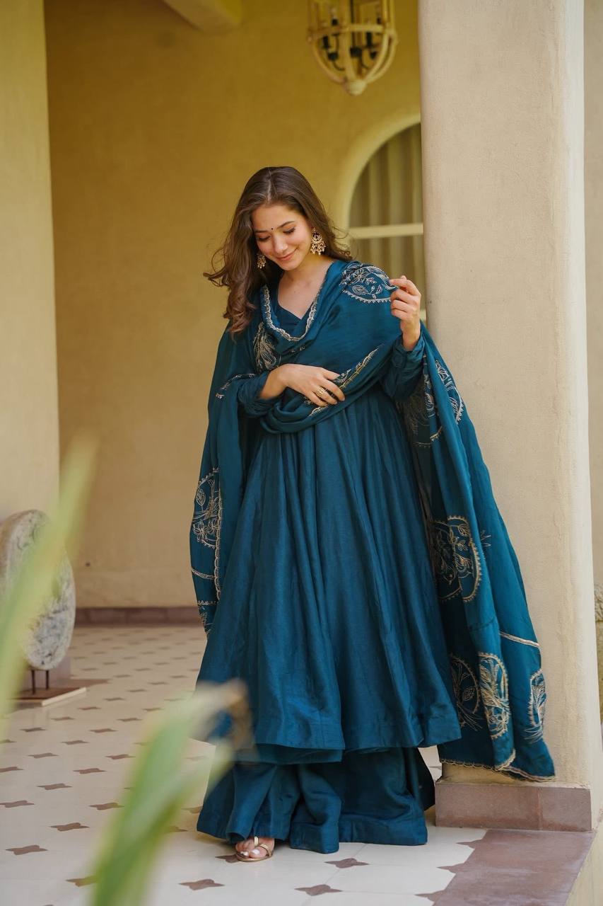 Wedding Wear Teal Blue Color Vichitra Silk Anarkali Palazzo Suit