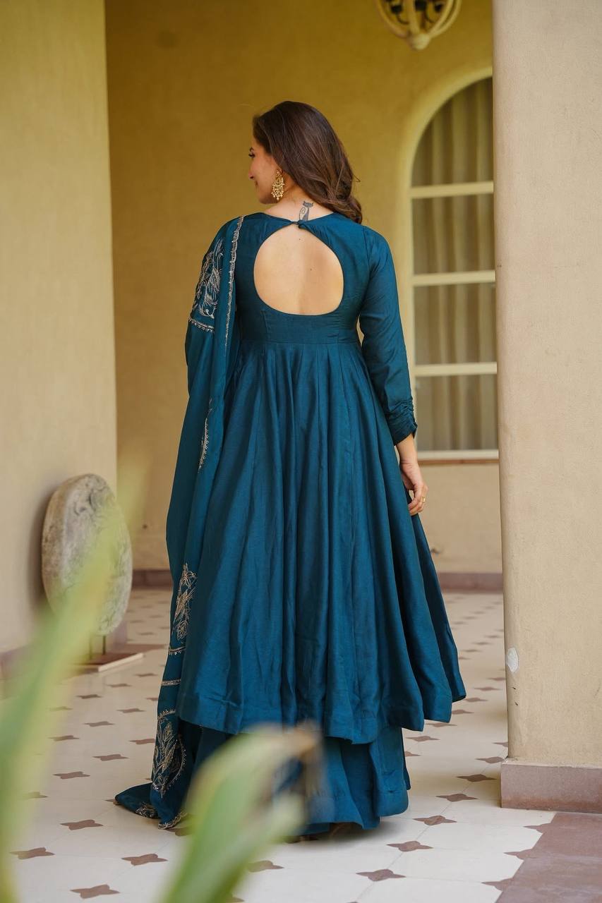 Wedding Wear Teal Blue Color Vichitra Silk Anarkali Palazzo Suit